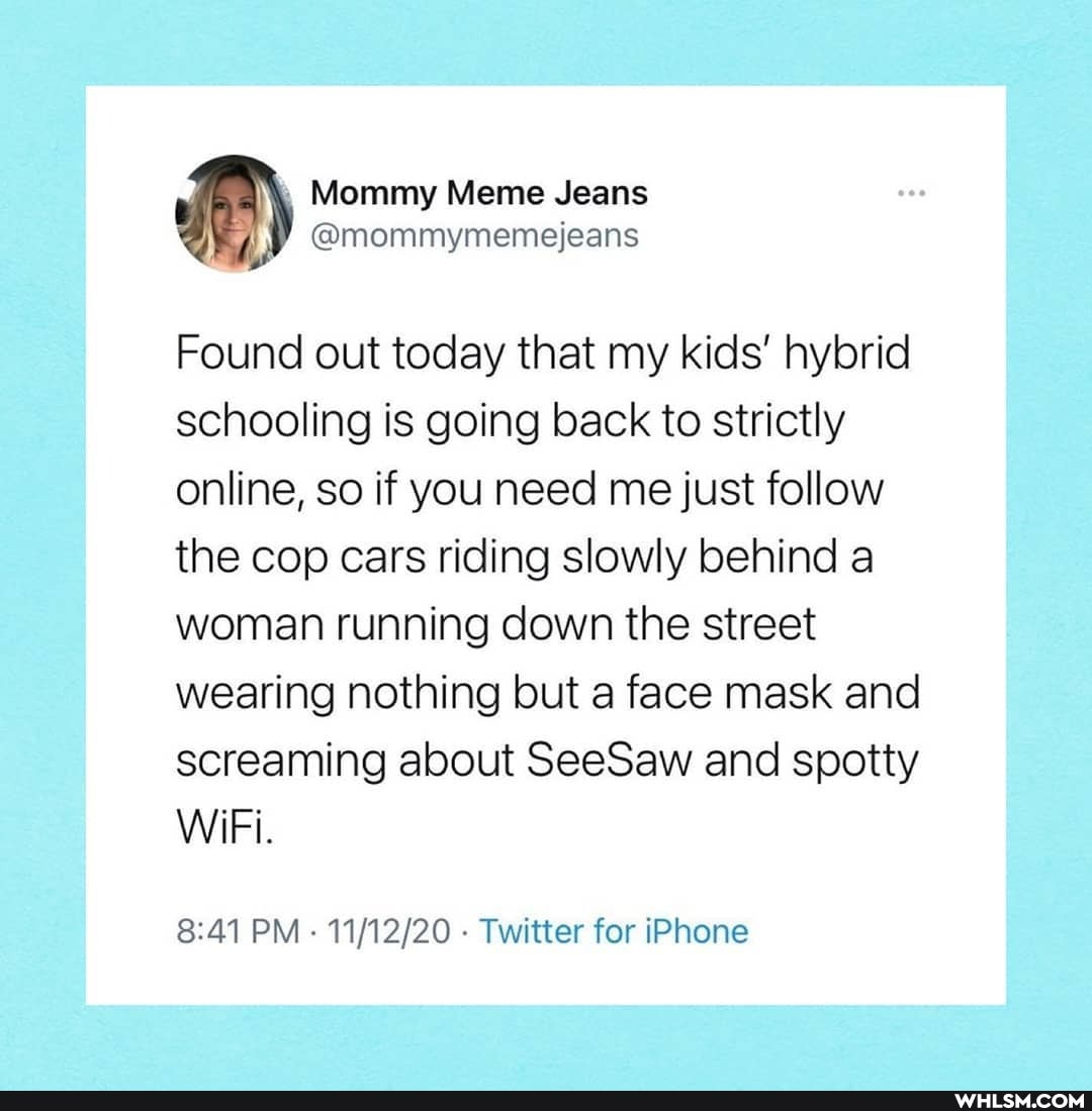 Mommy Meme Jeans y @mommymemejeans
Found out today that my kids' hybrid schooling is going back to strictly online, so if you need me just follow the cop cars riding slowly behind a woman running down the street wearing nothing but a face mask and screaming about SeeSaw and spotty
WiFi.
PM - - Twitter for iPhone