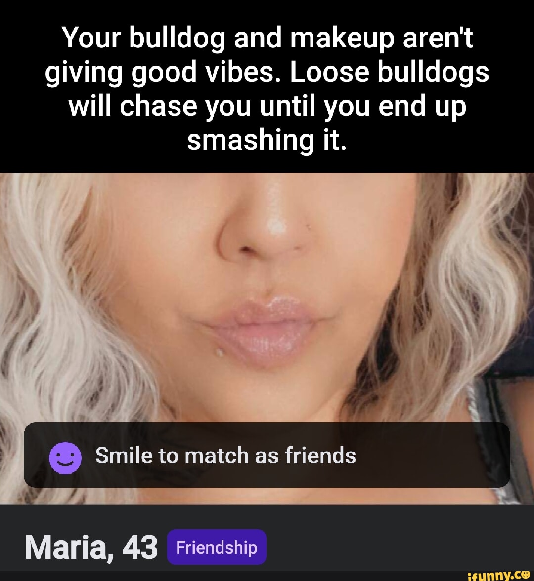 Your bulldog and makeup arent giving good vibes. Loose bulldogs will chase  you until you end up smashing it. Smile to match as friends Maria, 43  Friendship - iFunny