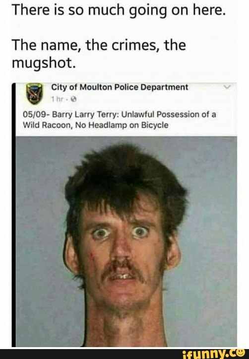 There is so much going on here.
The name, the crimes, the
mugshot.
y City of Moulton Police Department
05/09- Barry Larry Terry: Unlawful Possession of a
Wild Racoon, No Headlamp on Bicycle
