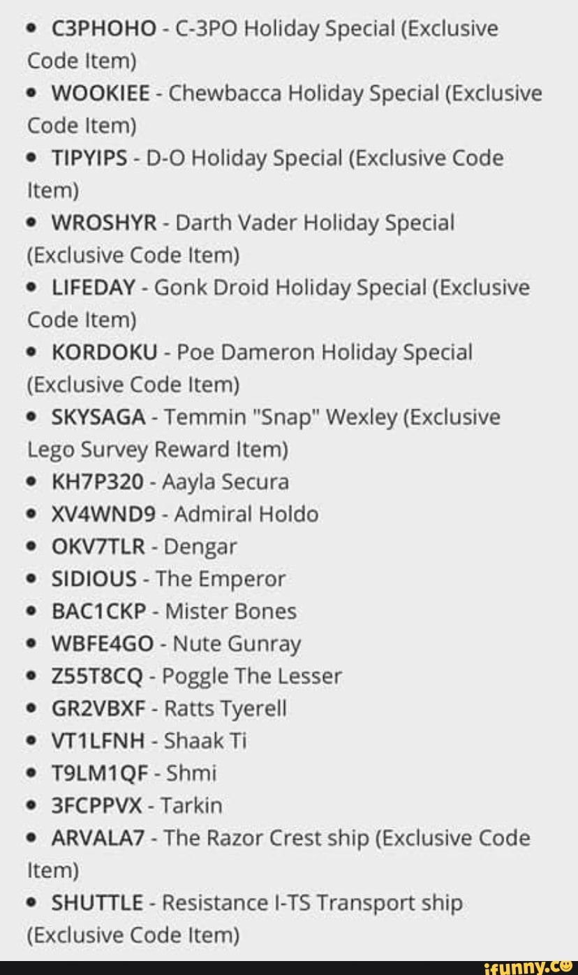 The Skywalker Saga Codes Admiral lo: XV4WND9 Dengar: OKV7TLR