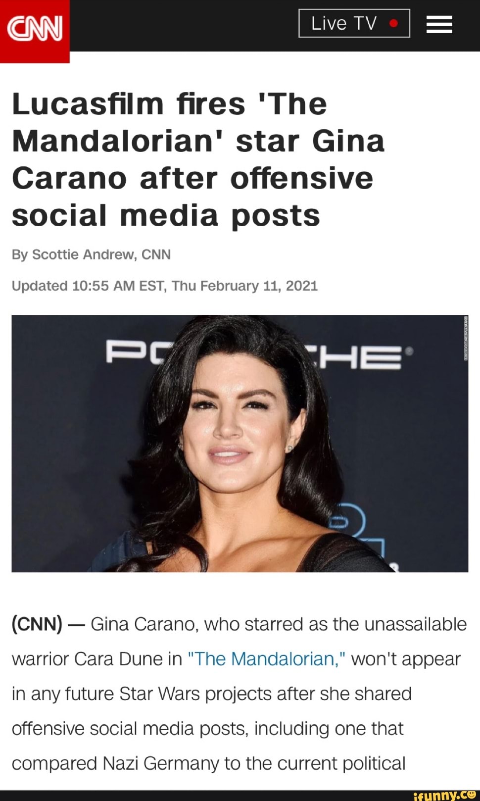 Cnn Live Tv Lucasfilm Fires The Mandalorian Star Gina Carano After Offensive Social Media 