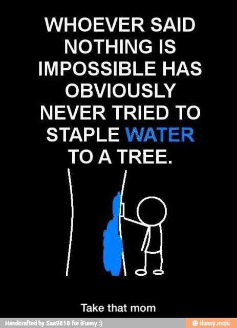 WHOEVER SAID
NOTHING IS
IMPOSSIBLE HAS
OBVIOUSLY
NEVER TRIED TO
STAPLE WATER
TOA TREE.
Take that mom - Take that mom