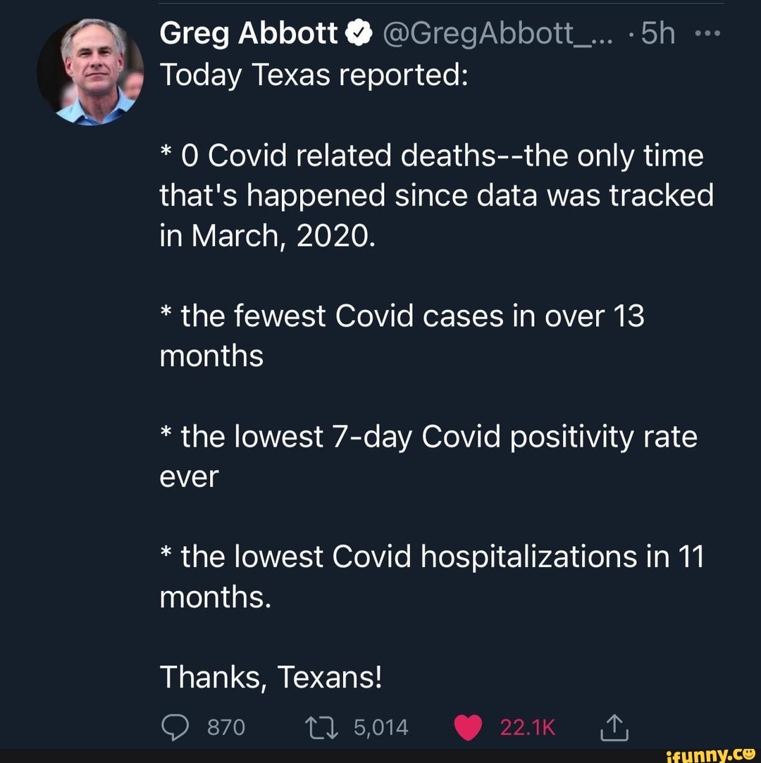 Greg Abbott @
Today Texas reported:
* Covid related deaths--the only time that's happened since data was tracked
in March, 2020.
* the fewest Covid cases in over 13 months
* the lowest 7-day Covid positivity rate ever
* the lowest Covid hospitalizations in 11 months.
Thanks, Texans!
5,014