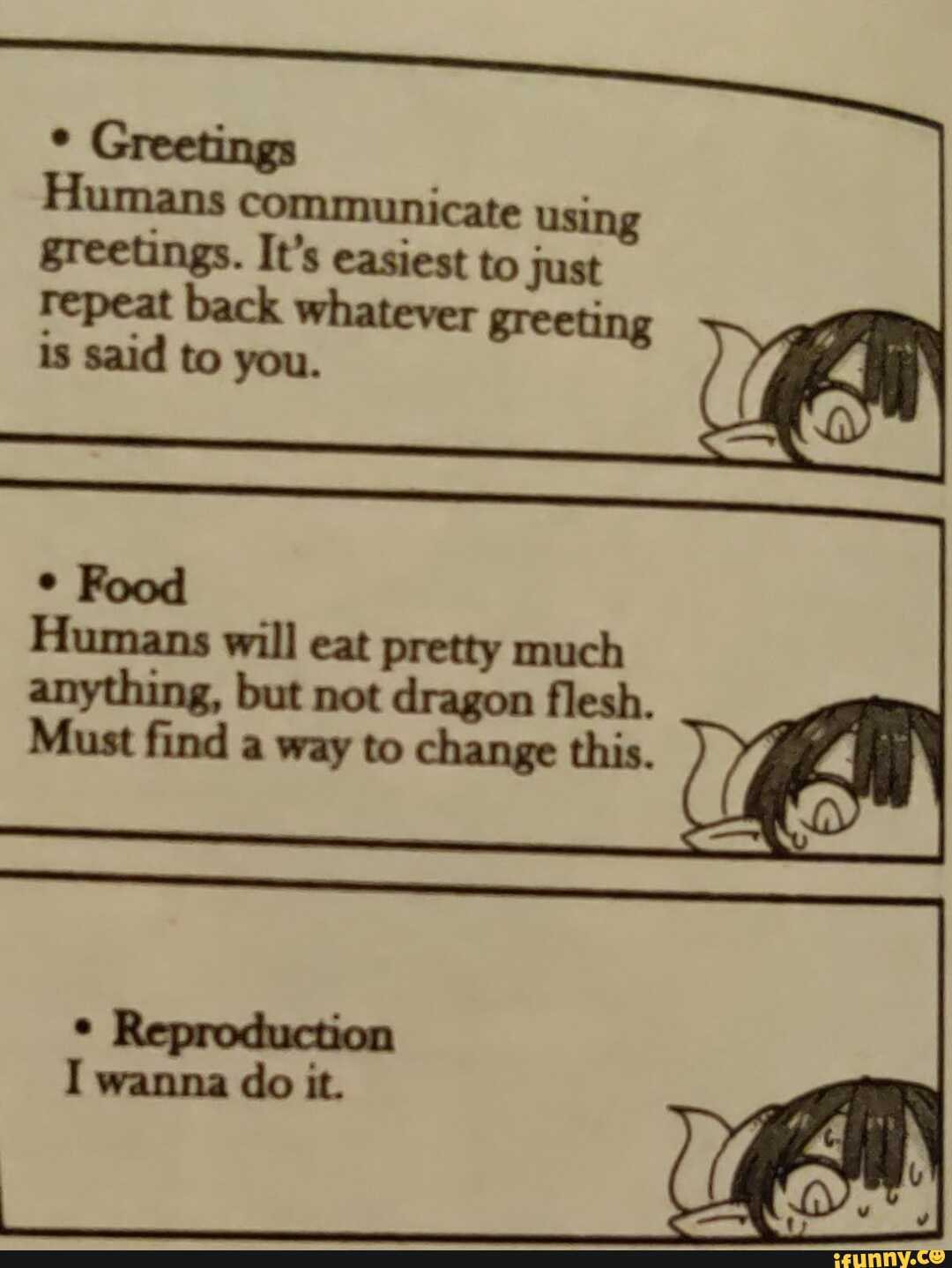 Humans communicate using greetings. It's easiest to just
repeat back whatever greeting said to you.
Food
Humans will eat pretty much
anything, but not dragon flesh.
Must find a way to change this.