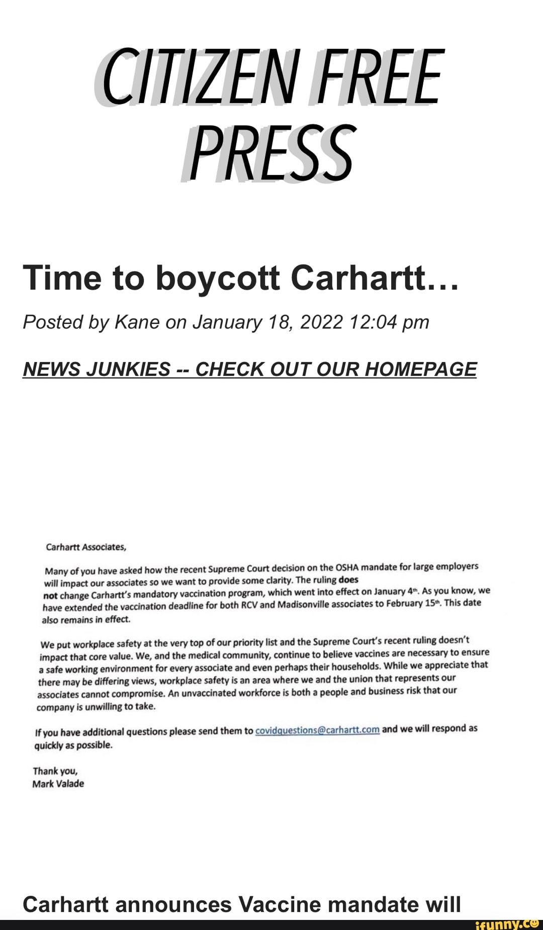 CITIZEN FREE PRESS Time to boycott Carhartt... Posted by Kane on January  18, 2022 pm NEWS