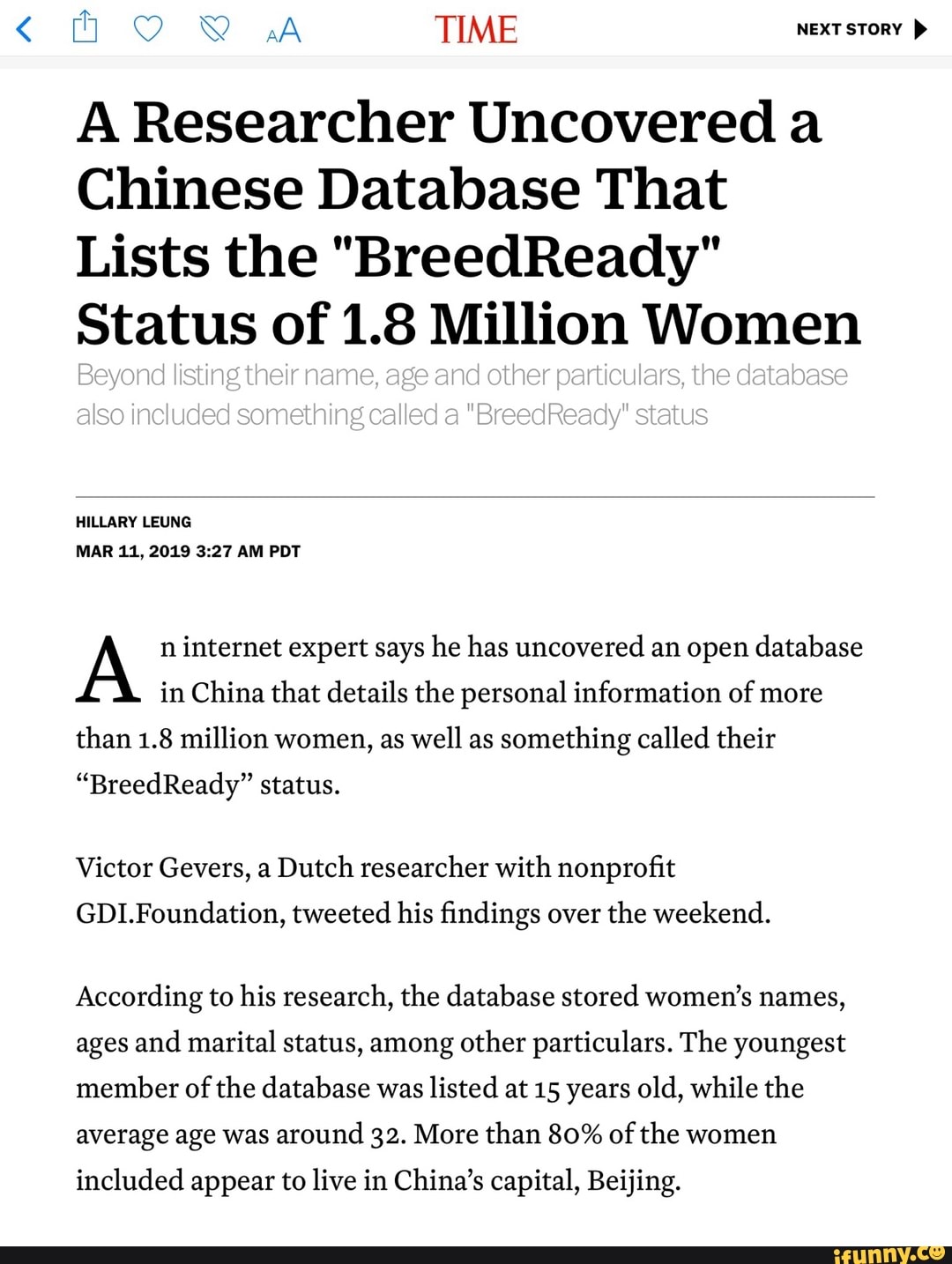 E C Q A Time Nexisronv A Researcher Uncovered A Chinese Database That Lists The Breedready Status Of 1 8 Million Women Hillary Leung Mar 11y 19 3 27 Am Pdt N Internet