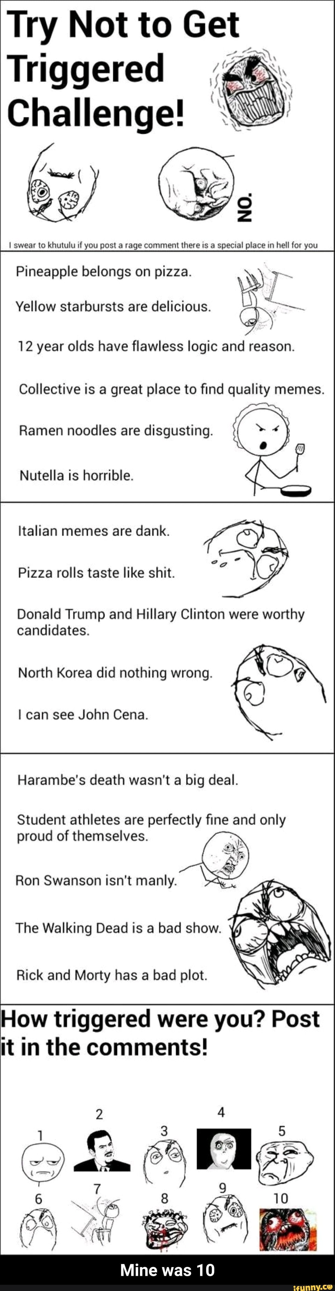 Try Not to Get
,_
Triggered
ChaHenge!
I swear to khululu If you post a rage comment there Is a speCIal place In hell for you
Pineapple belongs on pizza.
Yellow starbursts are delicious.
12 year olds have flawless logic and reason.
Collective is a great place to find quality memes.
Ramen noodles are disgusting.
Nutella is horrible.
Italian memes are dank.
Pizza rolls taste like shit.
Donald Trump and Hillary Clinton were worthy
candidates. - Mine was 10