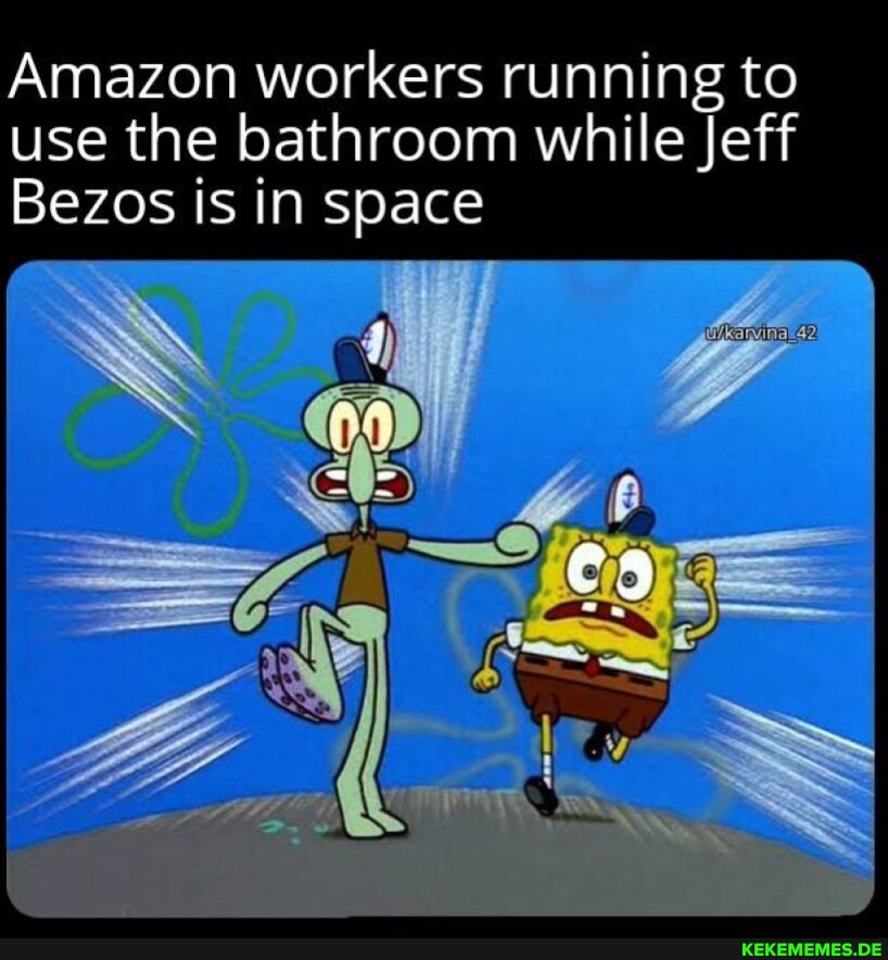 Amazon workers running to use the bathroom while Jeff Bezos is in space