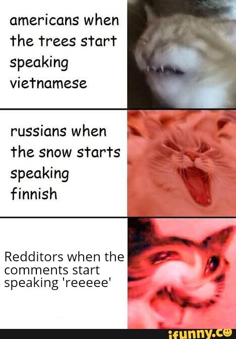 americans when
the trees start
speaking
vietnamese
russians when
the snow starts
speaking
finnish
Redditors when the
comments start
speaking 'reeeee'