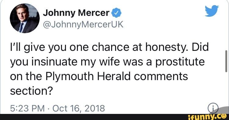 Johnny Mercer @ @JohnnyMercerUK I'll give you one chance at honesty. Did  you insinuate my wife was a prostitute on the Plymouth Herald comments  section? - )