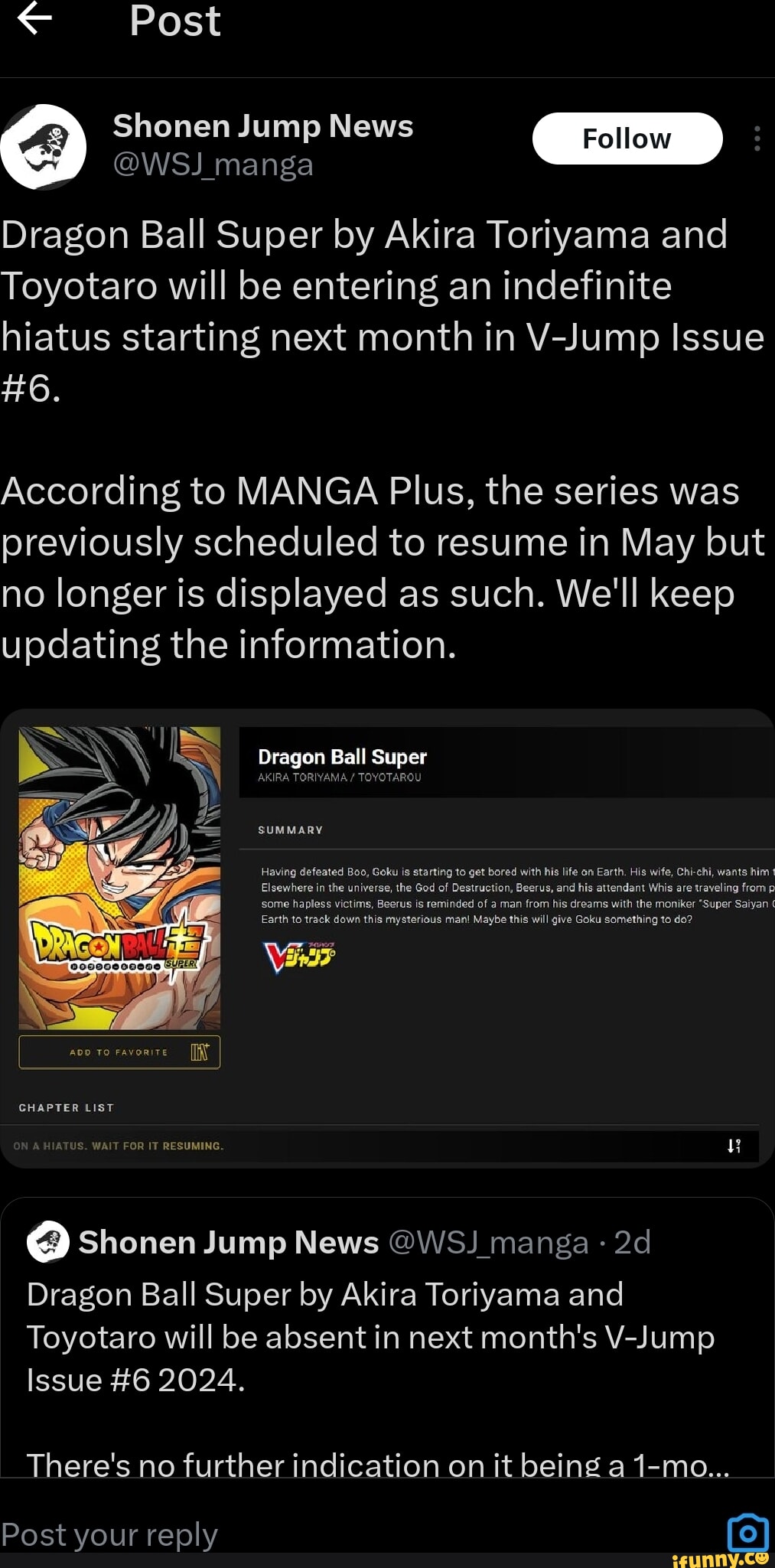 Post Shonen Jump News Foll @WSJ manga Dragon Ball Super by Akira 