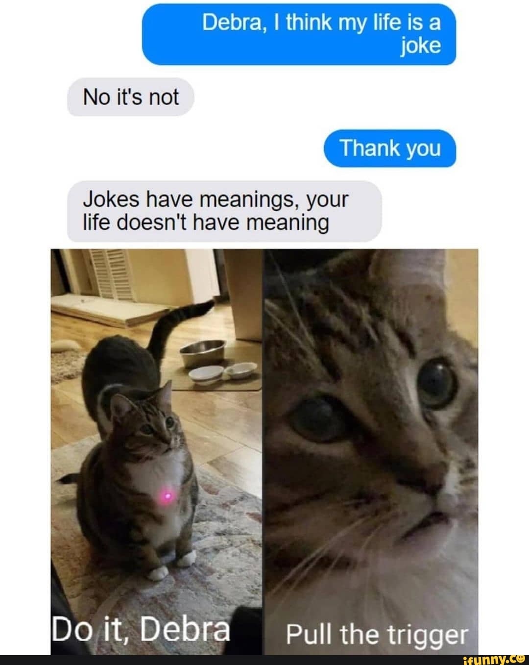 No No it's not Debra, I think my life is a joke Thank you Jokes have