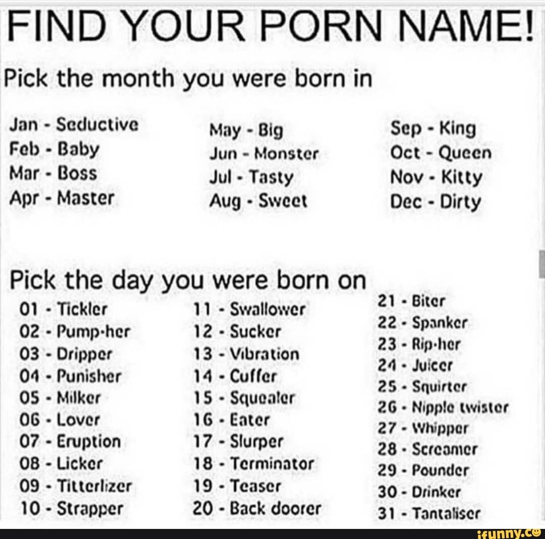 Injan Porn - FIND YOUR PORN NAME! Pick the month you were born in Jan - Seductive May -  Big Sep - King Fob - Baby Jun - Monster Oct ~ Queen - )