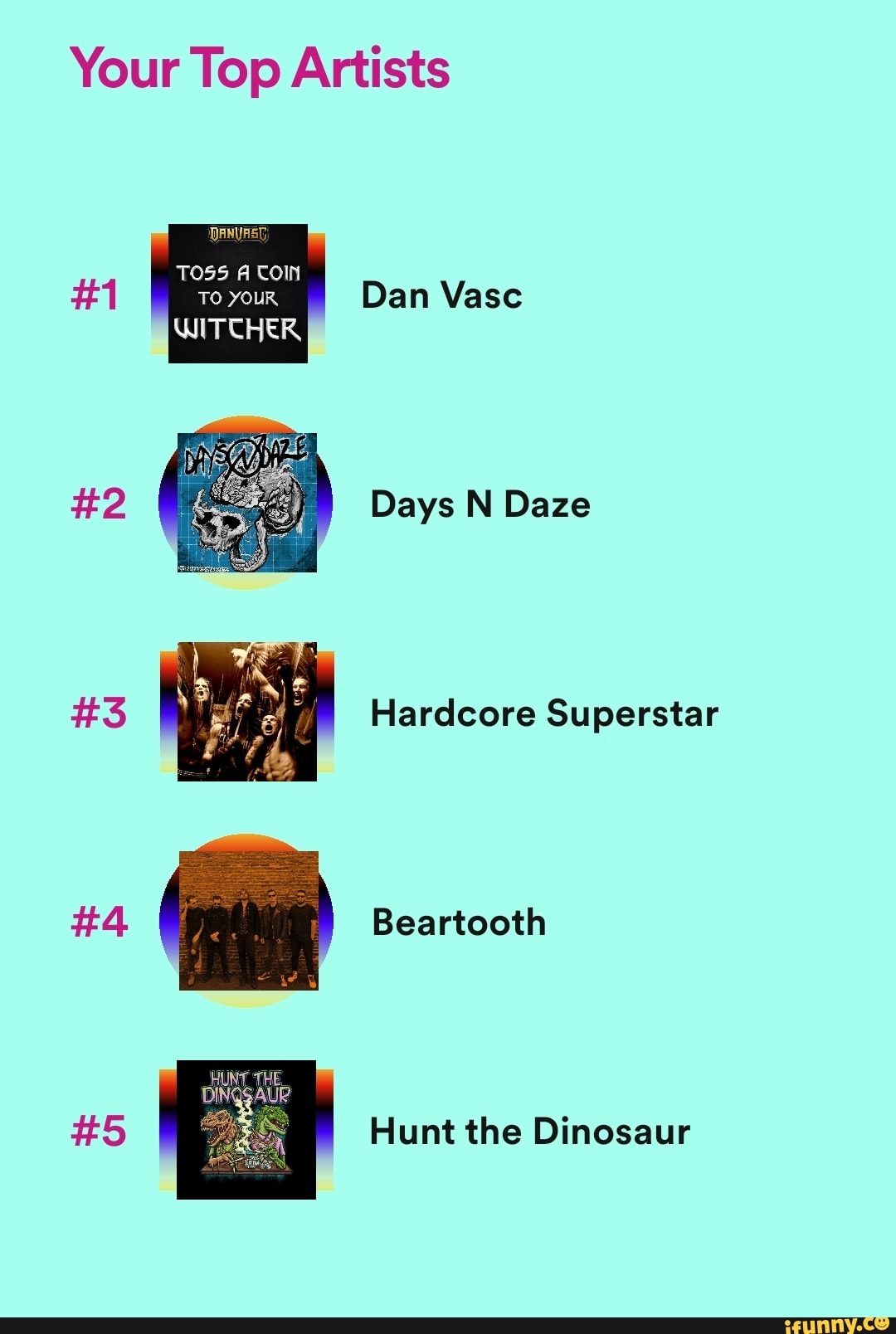 Your Top Artists
TOSS A COIN
TO YOUR Dan Vase
WITCHER
Days N Daze
Hardcore Superstar
HUNT THE.
DINQSAUPR
Beartooth
Hunt the Dinosaur