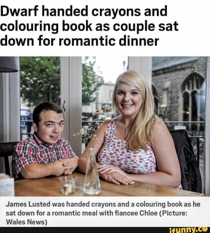 Dwarf handed crayons and colouring book as couple sat down for romantic