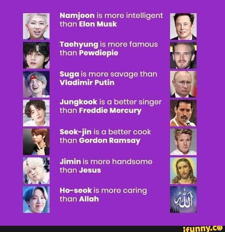 Namjoon is more intelligent than Elon Musk
Taehyung is more famous
than Pewdiepie
Suga is more savage than
Viadimir Putin
Jungkook is a better singer than Freddie Mercury
Seok-jin is a better cook than Gordon Ramsay
be;
Jimin is more handsome than Jesus
Ho-seok is more caring than Allah