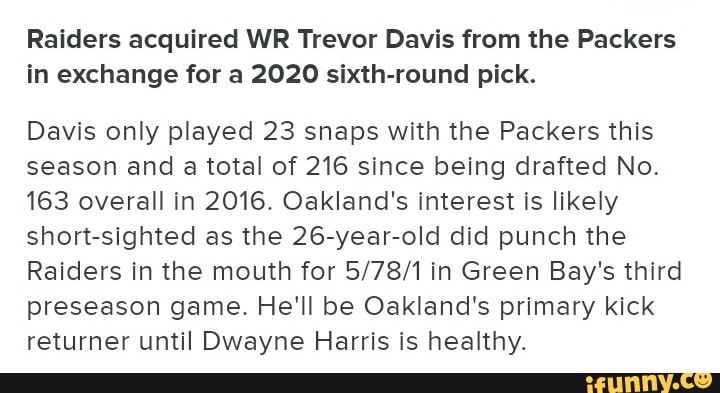 Around The NFL on X: Roundup: Packers trade WR/KR/PR Trevor Davis to  Raiders (via @RapSheet)   / X