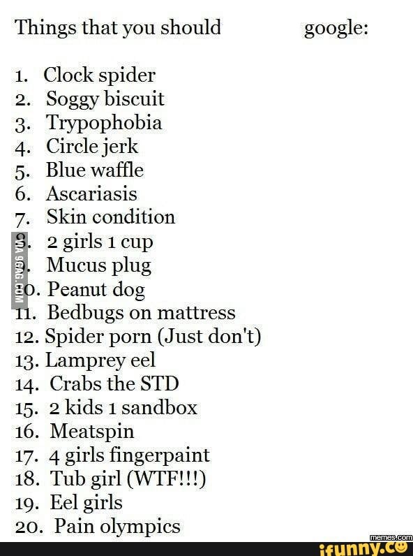 592px x 796px - Things that you should google: . Clock spider Soggy biscuit Trypophobia .  Circle jerk Blue waffle Ascariasis . Skin