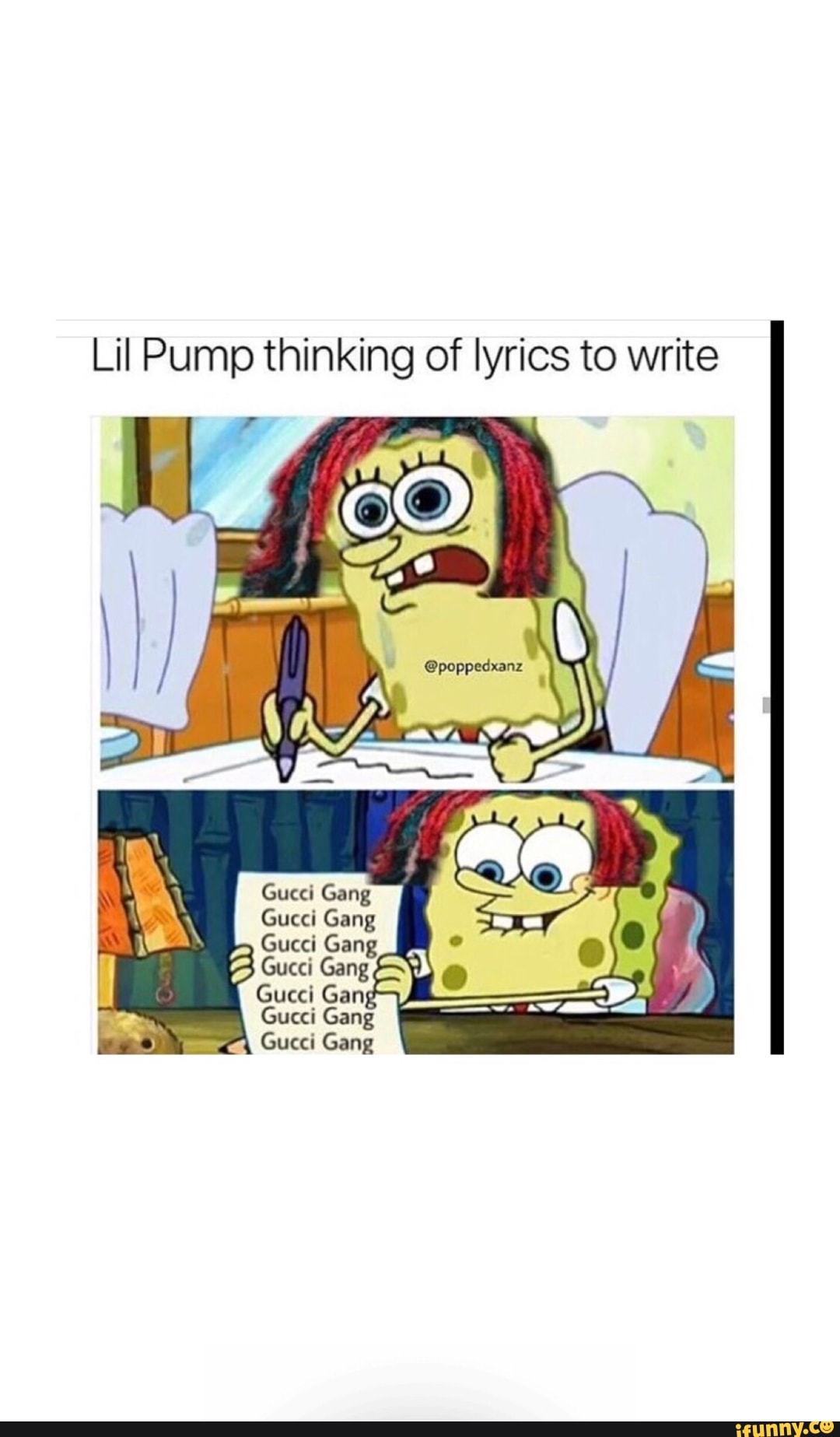 Lil Pump thinking of lyrics to write Gang Gucci Gang Gucci Gang Gucci Gan Gucci Gang - )