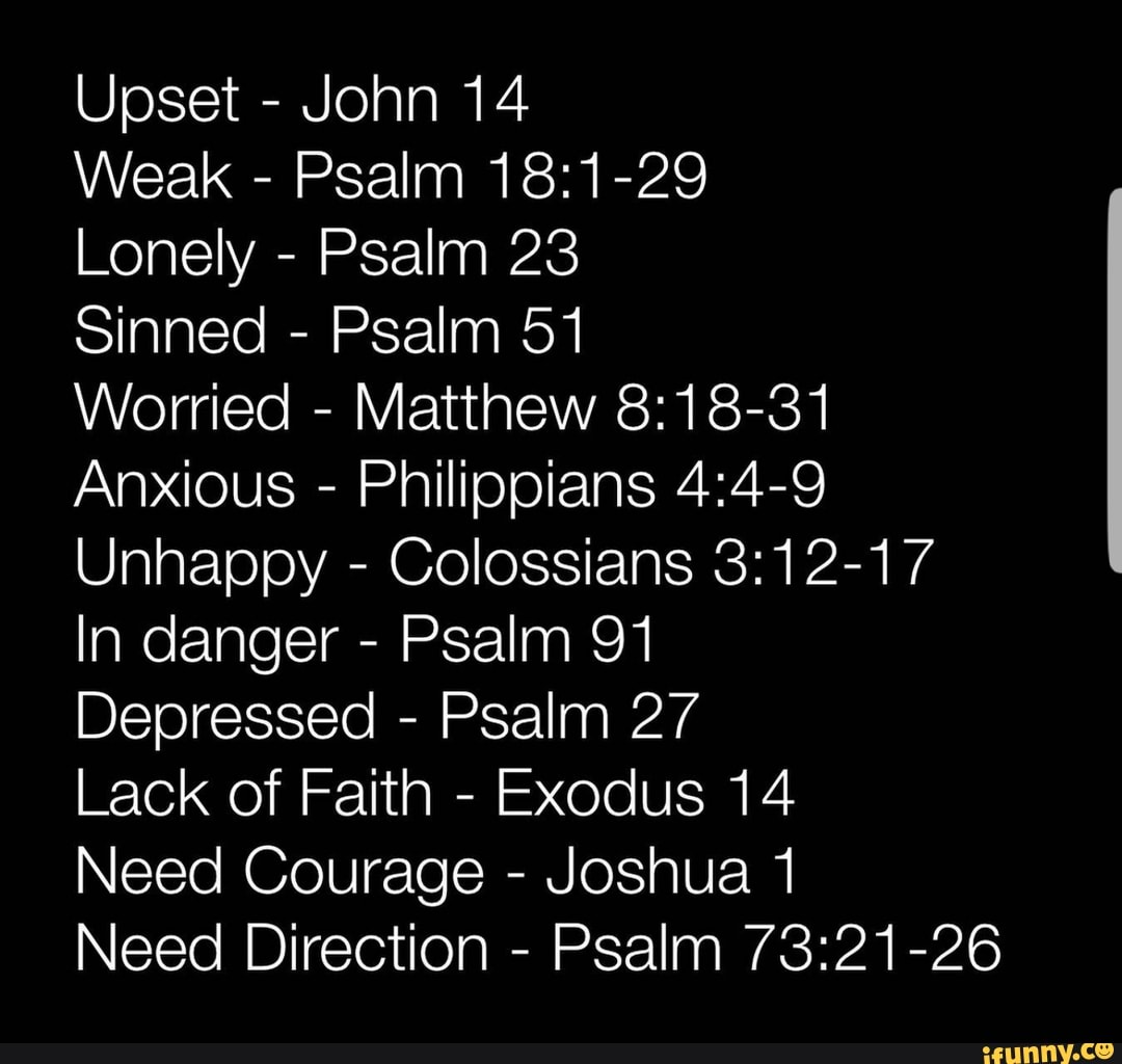 Upset - John 14 Weak - Psalm Lonely - Psalm 23 Sinned - Psalm 51 ...