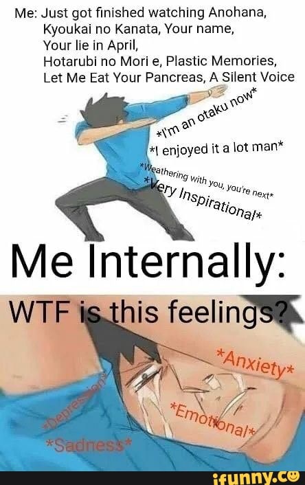 Me: Just got finished watching Anohana,
Kyoukal no Kanata, Your name,
Your lie in April,
Hotarubi no Mort e, Plastic Memories,
Let Me Eat Your Pancreas, A Silent Voice
Me Internally:
WTE Bhic feelings:
