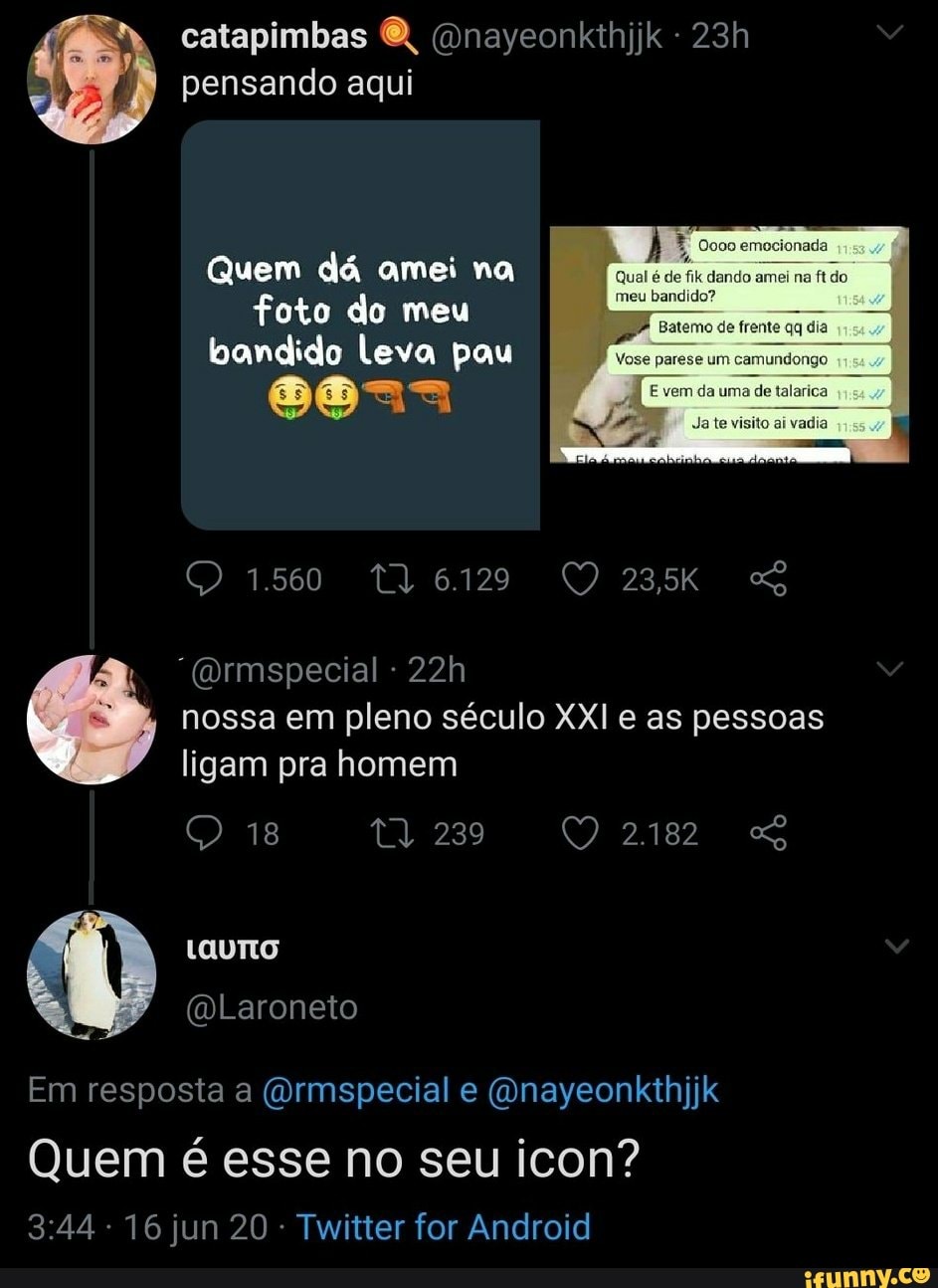 pensando aqui
bandido Leva pau
des
Em resposta a @rmspecial e @nayeonkthjjk
Quem é esse no seu icon?
Twitter for Android
