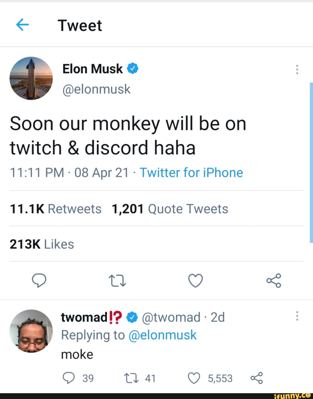 Tweet Elon Musk Elonmusk Soon Our Monkey Will Be On Twitch Discord Haha Pm 08