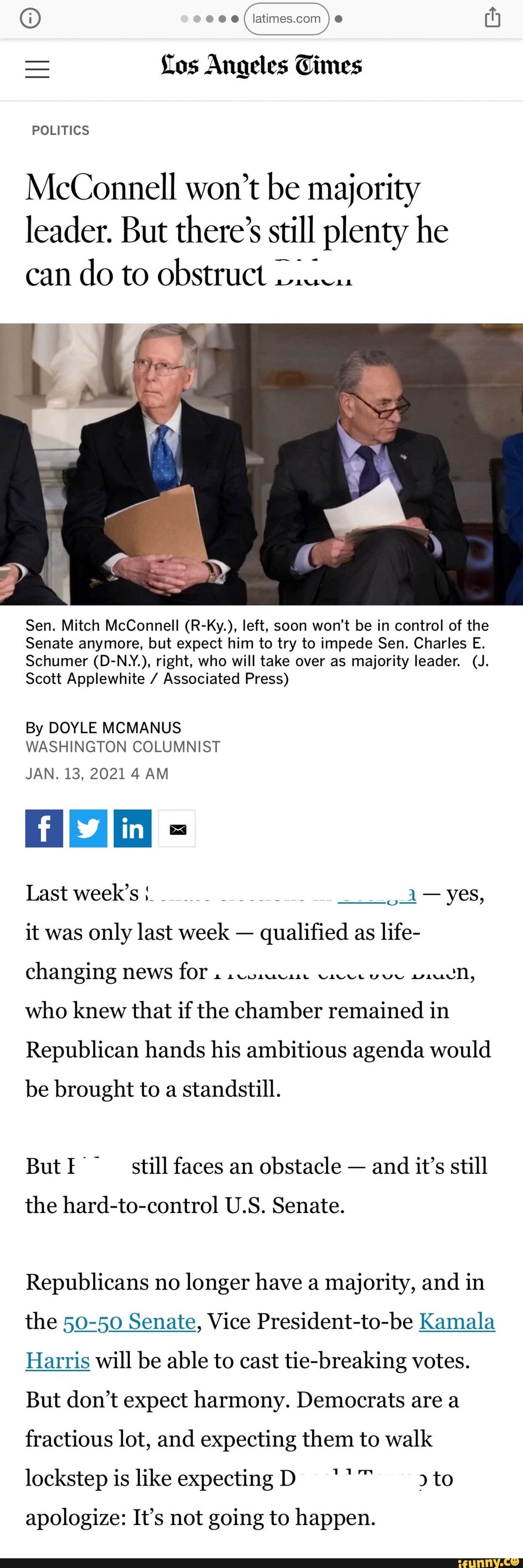 Los Angeles Times POLITICS McConnell won't be majority leader. But ...