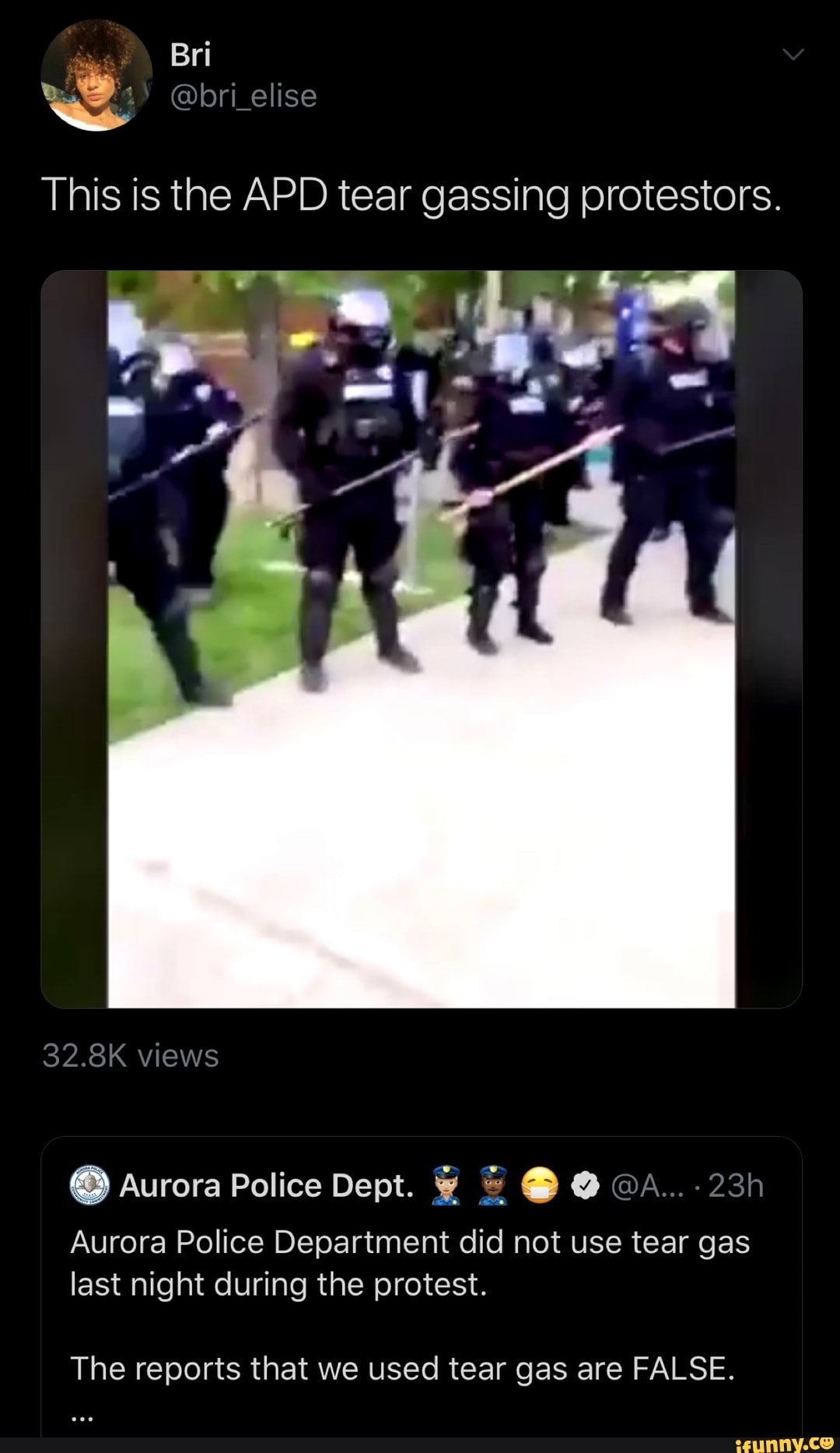 This is the APD tear gassing protestors.
Aurora Police Department did not use tear gas
The reports that we used tear gas are FALSE.