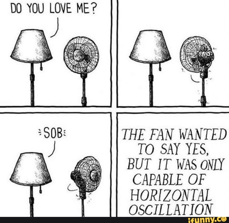 DO YOU LOVE ME?
THE FAN WANTED TO SAY YES,
BUT IT WAS ONLY CAPABLE OF HORIZONTAL OSCILLATION