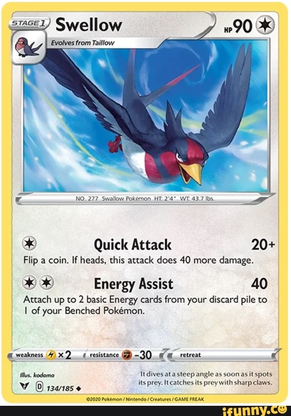 Sse1) Swellow #90 Evolves from Taillow NO..277, Swallow Pokmon. HY.2'4 ...