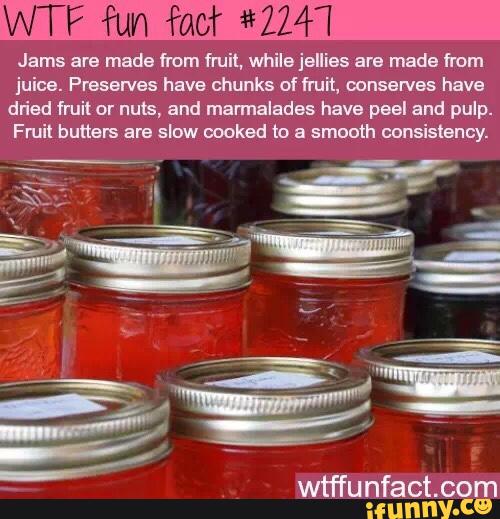 Jams are made (mm fruit, WhÍIBJBIIIGS are made (rom
juice. Preserves have chunks of fruit, conserves have
dried fluit or nuts, and marmalades have peel and pulp.
Fruil butters are slaw cooked ta a smooth consistency.
wtffunfact.com