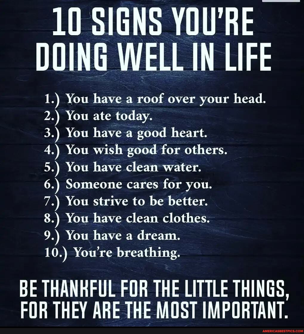 10 SIGNS YOU'RE DOING WELL IN LIFE
1.) You have a roof over your head.
2.) You ate today.
3.) You have a good heart.
4.) You wish good for others.
5.) You have clean water.
6.) Someone cares for you.
7.) You strive to be better.
8.) You have clean clothes.
9.) You have a dream.
10.) You're breathing.
BE THANKFUL FOR THE LITTLE THINGS,
FOR THEY ARE THE MOST IMPORTANT.