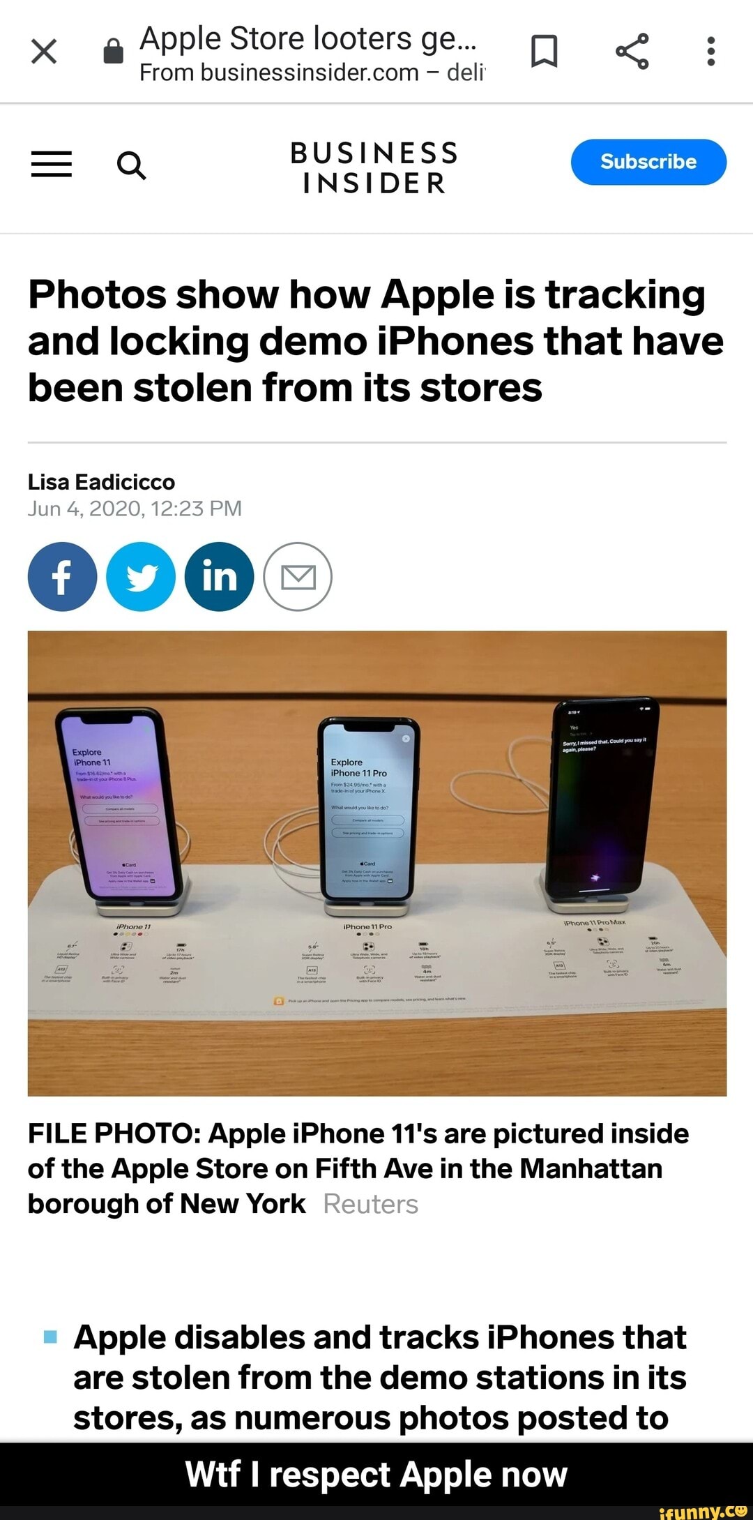 I Photos show how Apple is tracking
and locking demo iPhones that have
been stolen from its stores
FILE PHOTO: Apple iPhone 11's are pictured inside
of the Apple Store on Fifth Ave in the Manhattan
borough of New York Reuters
Apple disables and tracks iPhones that
are stolen from the demo stations in its
stores, as numerous photos posted to
Wtf I respect Apple now - Wtf I respect Apple now