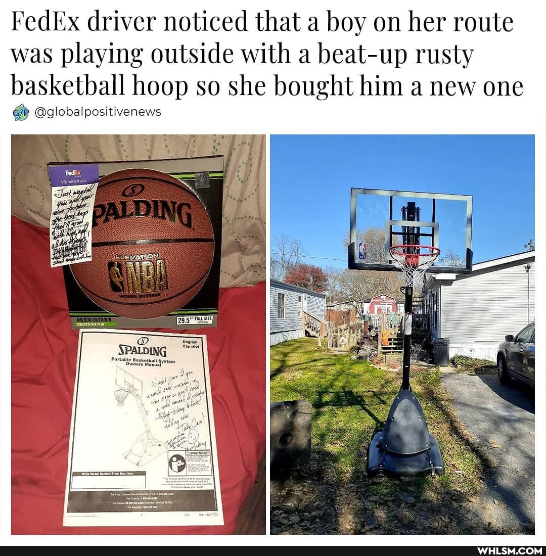 FedEx driver noticed that a boy on her route was playing outside with a beat-up rusty basketball hoop so she bought him a new one
@globalpositivenews