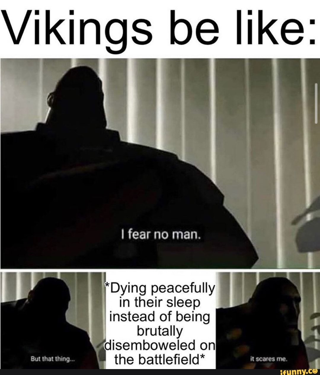 Vikings be like:
I fear no man.
*Dying peacefully
in their sleep I instead of being
But that thing
rutally
the battlefield*