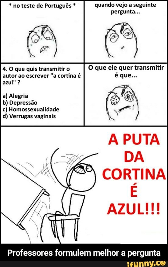 no teste de Português quando vejo a seguinte
pergunta...
4. O que quis transmitir o
O que ele quer transmitir
autor ao escrever
a) Alegria
b) Depressão
c) Homossexualidade T f
d) Verrugas vaginais
Professores formulem melhor a pergunta - Professores formulem melhor a pergunta