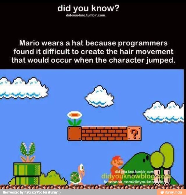 did you know?
did-you-kno.tumbir.com
Mario wears a hat because programmers
found it difficult to create the hair movement
that would occur when the character jumped.