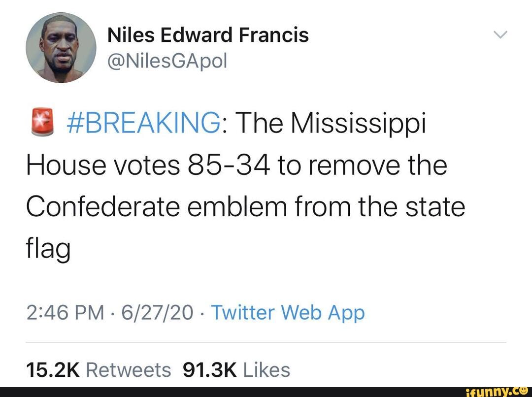 #BREAKING: The Mississippi
House votes 85-34 to remove the
Confederate emblem from the state flag