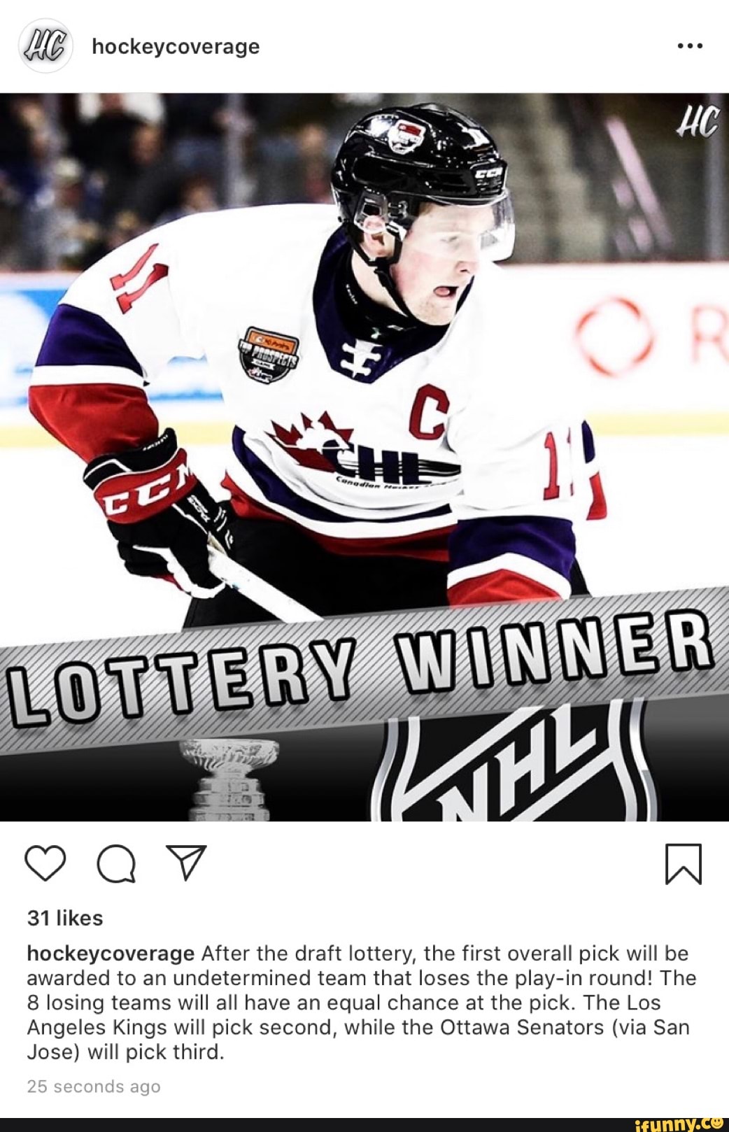 Cs hockeycoverage RABIN
hockeycoverage After the draft lottery, the first overall pick will be
awarded to an undetermined team that loses the play-in round! The
8 losing teams will all have an equal chance at the pick. The Los
Angeles Kings will pick second, while the Ottawa Senators (via San
Jose) will pick third.