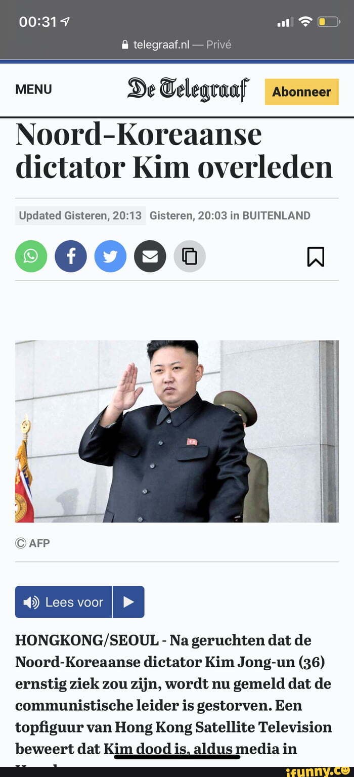 MENU
Noord-Koreaanse
dictator Kim overleden
Updated Gisteren, 20:13 Gisteren, 20:03 in BUITENLAND
0000 4
Noord-Koreaanse dictator Kim Jong-un (36)
communistische leider is gestorven. Een
