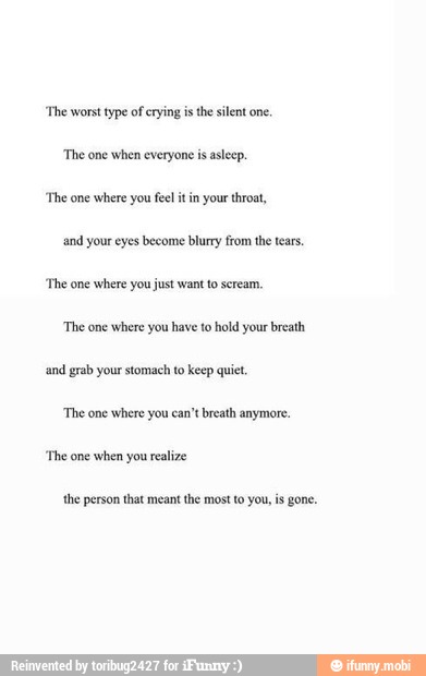 "The worst type of crying is the silent one.
'The one
when everyone is
asleep.
'The one where you fel it in your throat,
and your eyes become blurry from the tars.
'The one where you just want to seream.
'The one
where you have to hold your breath
and grab your stomach to keep quiet.
the person that meant the most to you, is gone.