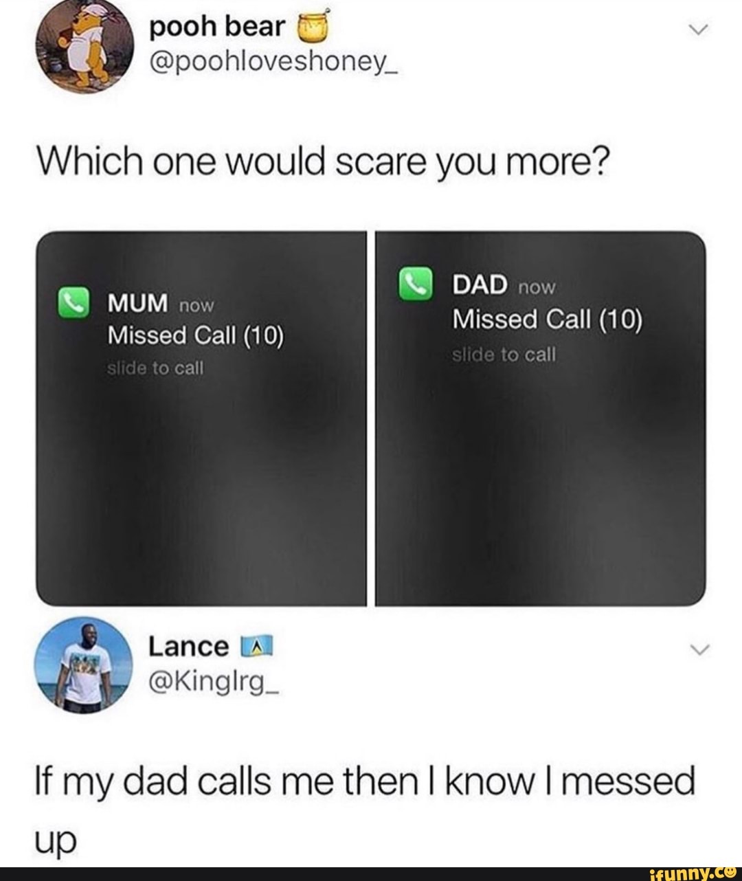 I know I messed
Which one would scare you more?
up
If my dad calls me then