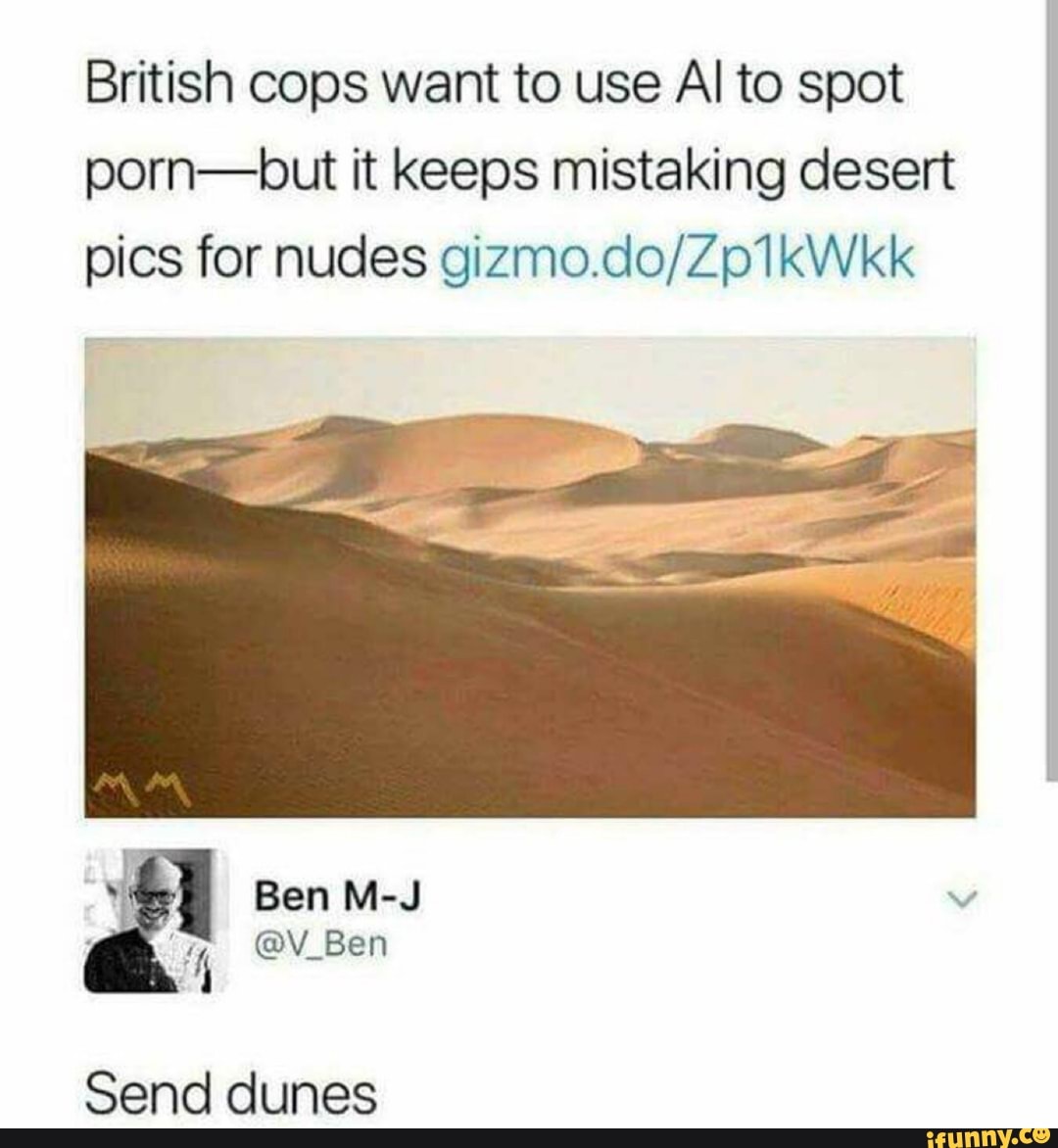 British cops want to use Al to spot
porn-but it keeps mistaking desert
pics for nudes gizmo.do/Zp1kWkk
Send dunes