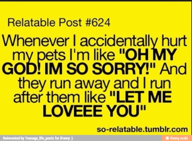 Relatable Post #624
Whenever I der palio Do
lis I'm like "OH MY
GOD! IM SO SORRY!" And
they run away and I run
after them like "LET ME
LOVEEE YOU"
