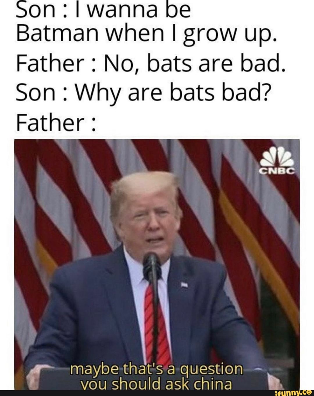 Batman when I grow up. Father No, bats are bad. Son Why are bats bad ...