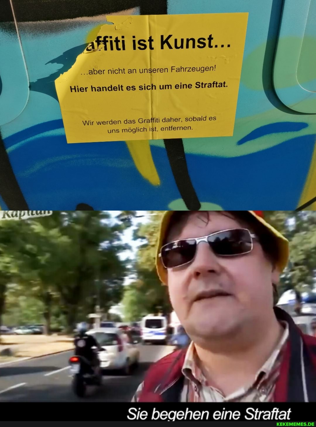 affiti ist Kunst...
...aber nicht an unseren Fahrzeugen!
Hier handelt es sich um eine Straftat.
Wir werden das Graffiti daher, sobald es uns möglich ist, entfernen.