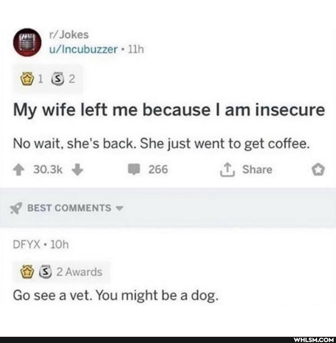 r/ Jokes
@1
My wife left me because I am insecure
No wait, she's back. She just went to get coffee.
303k 266 t, Share
BEST COMMENTS
DFYX
2 Awards
Go see a vet. You might be a dog.