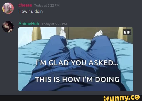 cheese
How ru doin
AnimeHub
I'M GLAD YOU ASKED...
THIS IS HOW I'M DOING
GIF