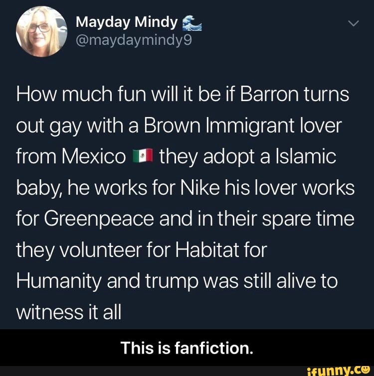 Mayday Mindy
How much fun will it be if Barron turns out gay with a Brown Immigrant lover rom Mexico they adopt a Islamic baby, he works for Nike his lover works or Greenpeace and in their spare time hey volunteer for Habitat for
Humanity and trump was still alive to
witness it all
This is fanfiction. - This is fanfiction.
